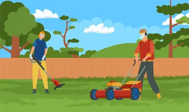 Vector illustration of Professional lawn mowing and care maintenance. Handymen with protection equipment cutting grass on backyard