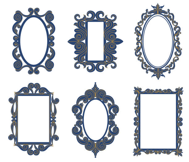 Vintage baroque antique decorative tracery mirrors. Elegant borders with curves elements of different shape such as oval and rectangle Vintage baroque antique decorative tracery mirrors. Elegant borders with curves elements of different shape such as oval and rectangle. Creative filigree frames with swirls isolated vector set cartoon of a fancy filigree border design stock illustrations