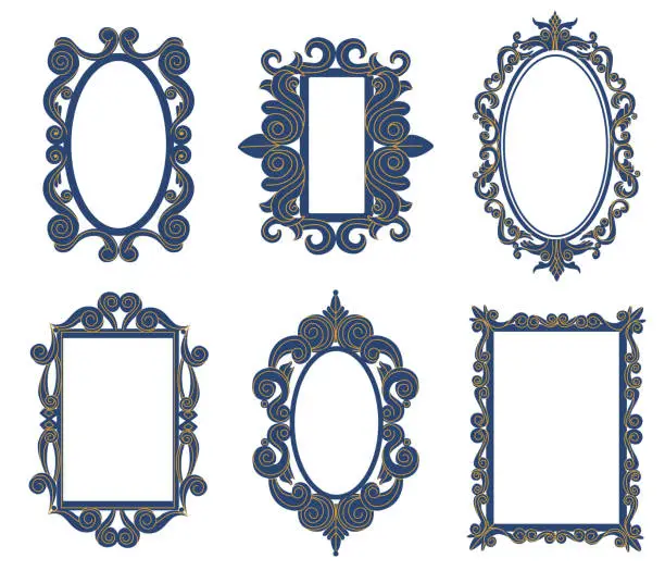 Vector illustration of Vintage baroque antique decorative tracery mirrors. Elegant borders with curves elements of different shape such as oval and rectangle
