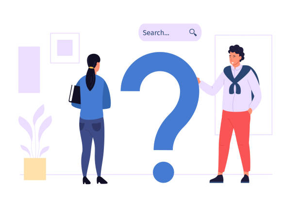 istock Online question answers search. Male and female characters looking for solution in internet, solving problems 1456379093