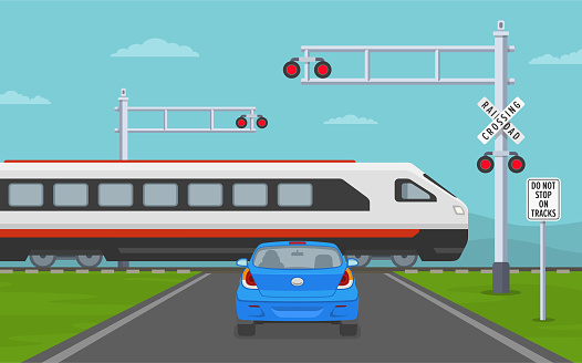 Car stops at railroad crossing sign while express passenger train is approaching. Flat vector illustration.
