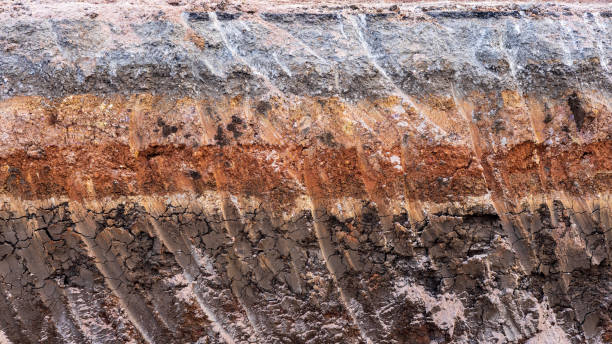 バックホウで掘削された舗装道路の下の下層土の拡大図。 - subsoil ストックフォトと画像