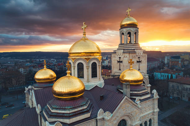 Aerial view of The Cathedral of the Assumption in Varna, Bulgaria. Panorama cityscape view stock photo