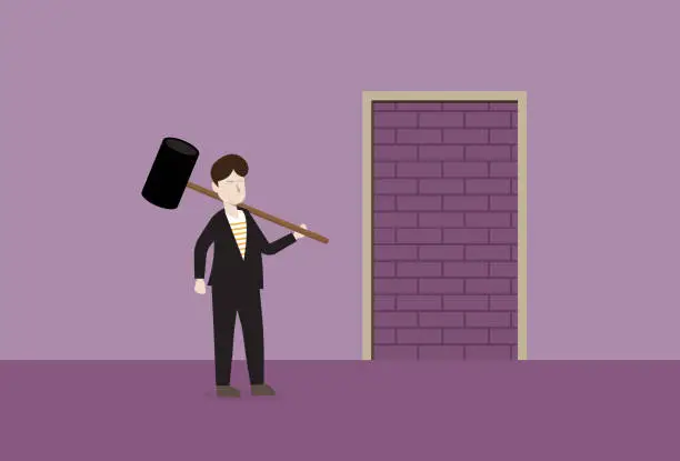 Vector illustration of Businessman destroys an exit door to find a way out