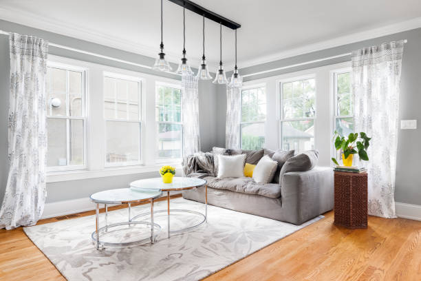 istock A cozy living room with a modern light fixture. 1456385297