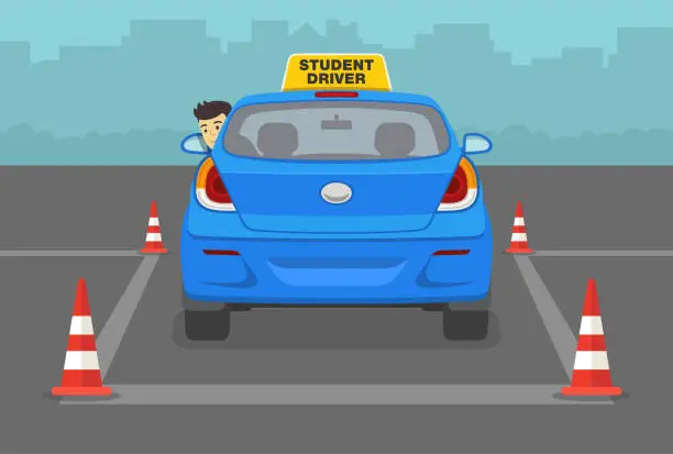 Vector illustration of Car driving practice. How to reverse park. Back into a parking lot.