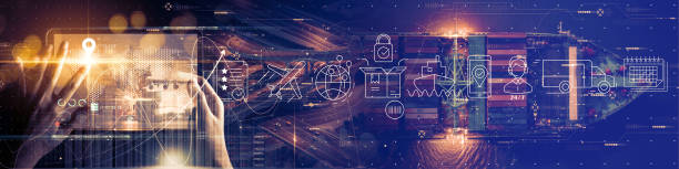 istock Businesswoman hand using Digital tablet computer of Transportation and logistic network distribution growth. Container cargo ship trucks of industrial cargo freight for shipping. Business logistic import export transport industry. 1456385504