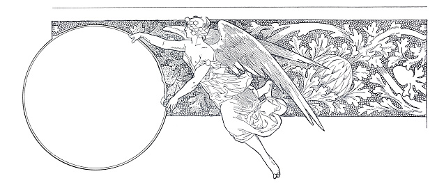 Angel flying holding empty picture frame on decorative background 1899
Original edition from my own archives
Source : Ilustración Artística 1899