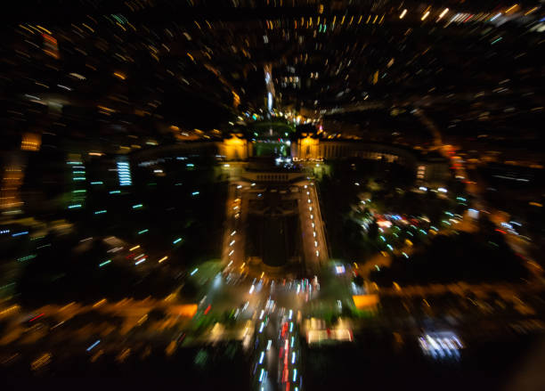 Paris, France - August 01, 2022: Night aerial view of Jardins du Trocadéro, Cité de l'architecture et du Patrimoine