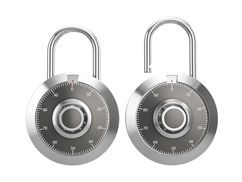 Padlock combination lock set on a white background. 3d illustration.