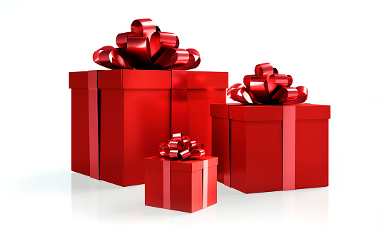 Three red shiny gift Boxes on white shiny background
