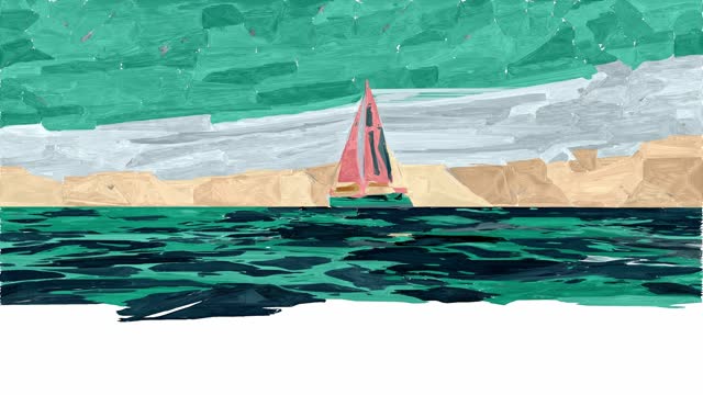 Digital painting animation of sailboat sailing. Artificial intelligence concept of computer generated art