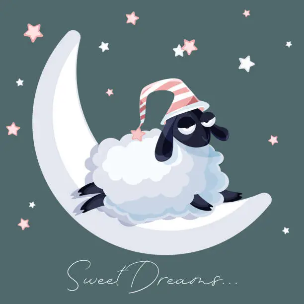 Vector illustration of Cartoon cute sleepy sheep in flat style with moon and stars on abstract color background. Modern creative illustration for app, website, presentation or design.