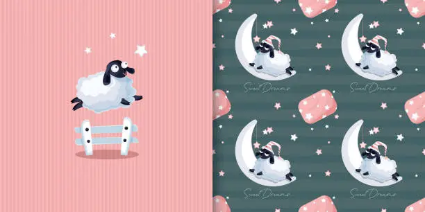 Vector illustration of Business card and colorful seamless background with cartoon cute sleepy sheep in flat style with moon and stars. Modern creative illustration for app, website, presentation or design.
