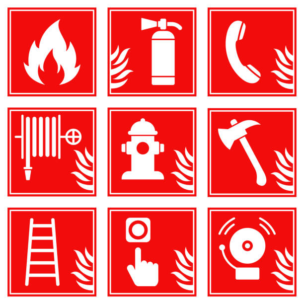 sicherheits-feuerzeichen-vektor-set. feuerlöschsymbole. stock-illustration. isoliert - fire escape stock-grafiken, -clipart, -cartoons und -symbole