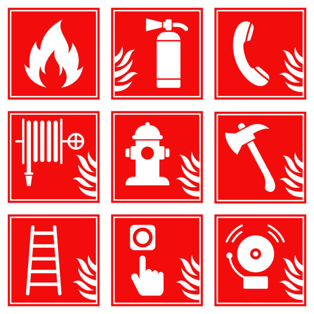 안전 화재 표지 벡터 세트입니다. 소방 아이콘입니다. 스톡 일러스트. 격리 - 응급 장비 stock illustrations