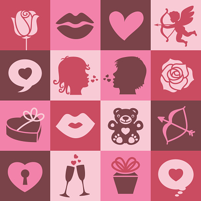 Valentine's Day vector icons on a grid. Pink and brown colors.