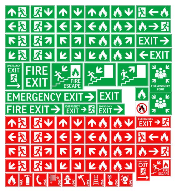 exit sign vector set. emergency fire exit. firefighting icons. stock illustration. isolated - 滅火筒標誌 幅插畫檔、美工圖案、卡通及圖標