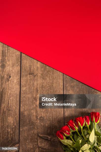 Rustic Wood Background With Red Roses For Valentines Day Stock Photo - Download Image Now