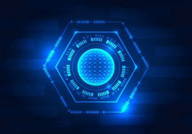 Vector illustration of Circle of technology with the center being the processor and sending information outside. Technology helps businesses reach their goals and grow revenues quickly. dark blue background