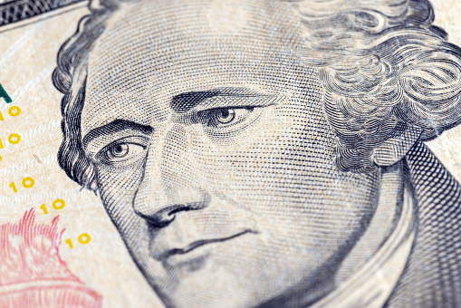 close-up of ten American dollars, details of 10 cash American dollars