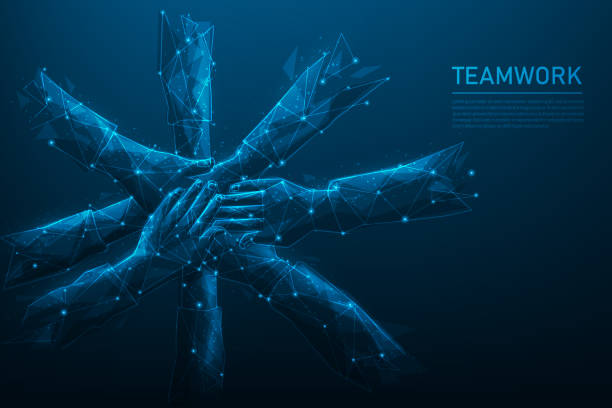 青の暗い背景に手のチームワーク技術を持つ。人々の友情は成功をサポートします。線、点、三角形で構成されています。幻想的なデジタルデザインのベクターイラスト。 - team sport illustrations点のイラスト素材／クリップアート素材／マンガ素材／アイコン素材