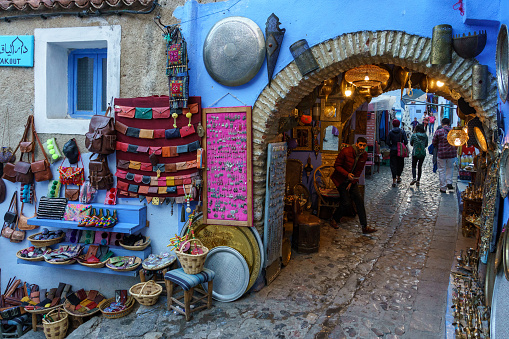 North Africa. Morocco. Chefchaouen. Souvenirs shop in a blue street of the medina