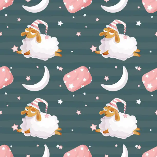 Vector illustration of Abstract colorful seamless background with cartoon cute sleepy sheep in flat style with moon and stars. Modern creative illustration for app, website, presentation or design.