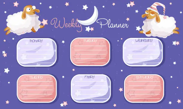 Vector illustration of Daily planning concept in cartoon style. Weekly to-do list with cute sleepy sheep on abstract colorful night background with stars. Modern creative illustration for app, website, presentation or design.