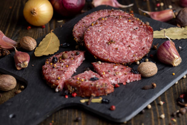 istock Sliced salami using beef meat with spices 1456408506