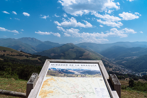 Vega del Pas, Spain - August 12, 2022: Viewpoint of Braguia in the Vega of Pas. Sign and map with the text Viewpoint of Braguia