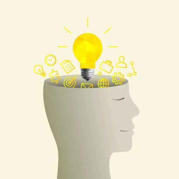 Vector illustration of Head and bright light bulb as idea and illumination concept