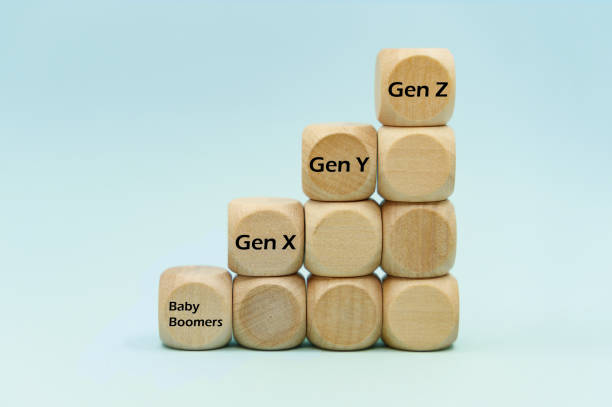 scala temporale che confronta le differenze tra le generazioni: baby boomer, generazione x, generazione y e generazione z - divario generazionale foto e immagini stock
