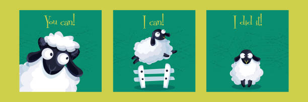 ilustrações de stock, clip art, desenhos animados e ícones de the concept of motivation and the use of goals in the cartoon. motivation with cute sheep with text on color background. you can! i can! i did it! - colored background aspirations success achievement