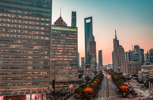 traditional and morden buildings along shanghaihuangpu river:lujiazui and shanghai bund