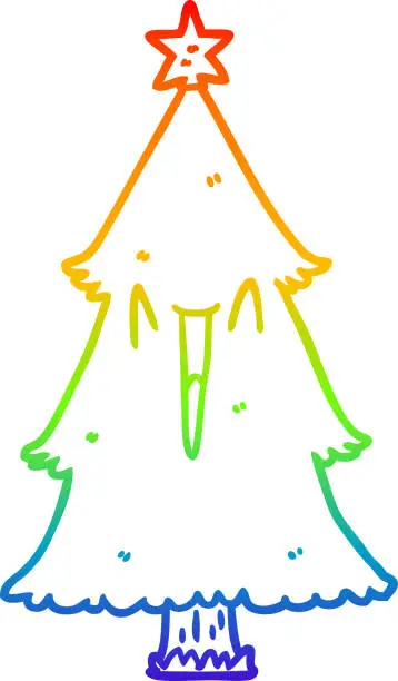 Vector illustration of rainbow gradient line drawing of a christmas tree