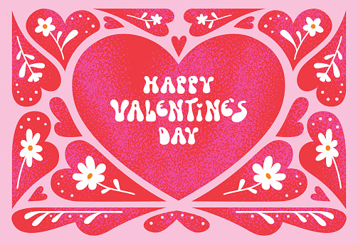 Valentine card with red textured hearts, flowers and copy space in retro style. Editable vectors on layers.