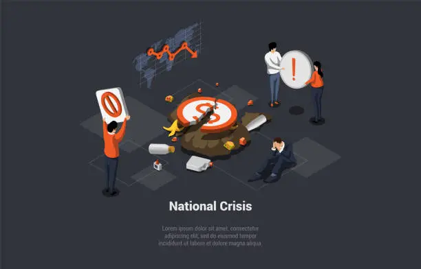 Vector illustration of Concept Of National, Financial Crisis, Recession, Inflation, Devaluation, CBDC Integration. People Protesting Against Price Increases And Employees Reduction. Isometric Cartoon 3D Vector illustration