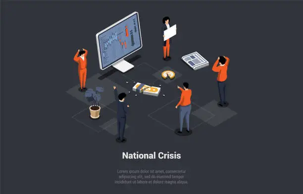 Vector illustration of Concept Of National, Financial Crisis, Recession, Inflation, Devaluation, CBDC Integration. Characters Protesting Against Price Increases And Employees Reduction. Isometric 3D Vector illustration