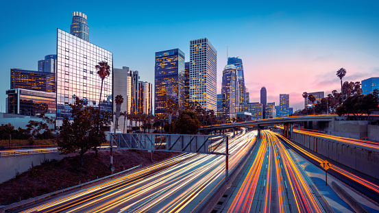the skyline of los angeles during rush hour