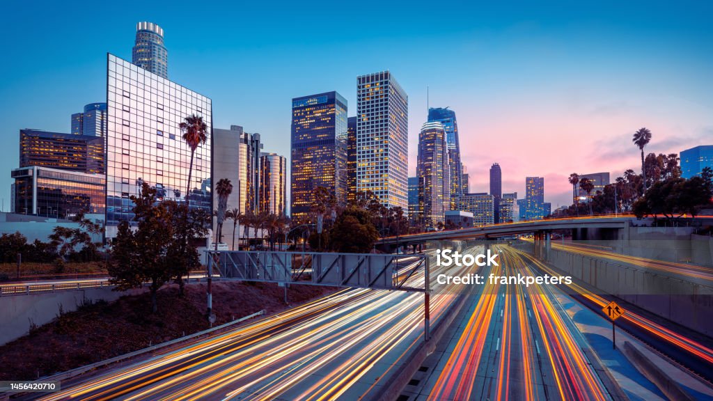 los angeles the skyline of los angeles during rush hour City Of Los Angeles Stock Photo