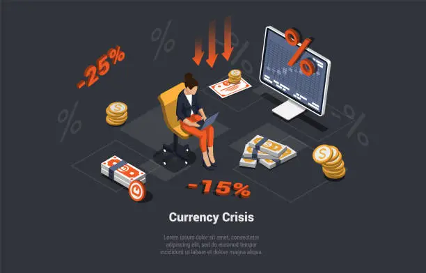 Vector illustration of Financial Crisis, Inflation, Currency Devaluation. Interest Rate Impact for Stock Investment. Girl Follows The Falling Assets, Price Increase. Unstable Nominal Worth. Isometric 3D Vector Illustration