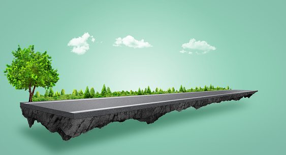 Country road and green trees in summer. 3d illustration of a piece of green land isolated, creative travel and tourism off-road design trees.