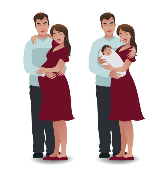 illustrazioni stock, clip art, cartoni animati e icone di tendenza di coppia felice con una donna incinta - domestic life family heterosexual couple young family