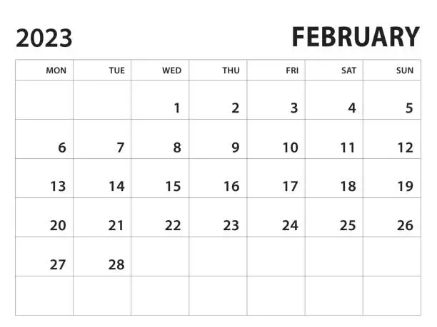 Vector illustration of Calendar 2023 template - February 2023 vector on white background, week start on monday, Desk calendar 2023 year, Wall calendar design, corporate planner template, clean style, horizontal template