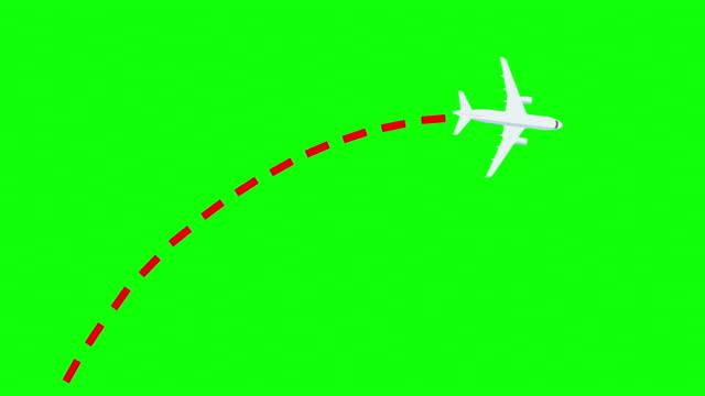 Airplane flying on green screen, leaving dotted line path template