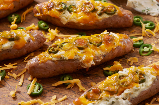 Stuffed Jalapeno Sausage Boats with Herb Cream Cheese and Cheddar