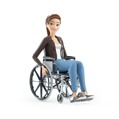 3d cartoon woman sitting in wheelchair, illustration isolated on white background
