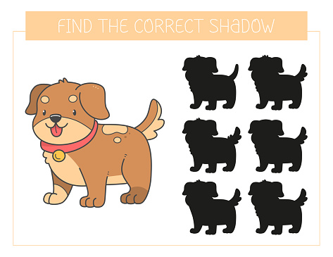 Find the correct shadow game with a dog. Educational game for children. Cute cartoon puppy. Shadow matching game. Vector illustration