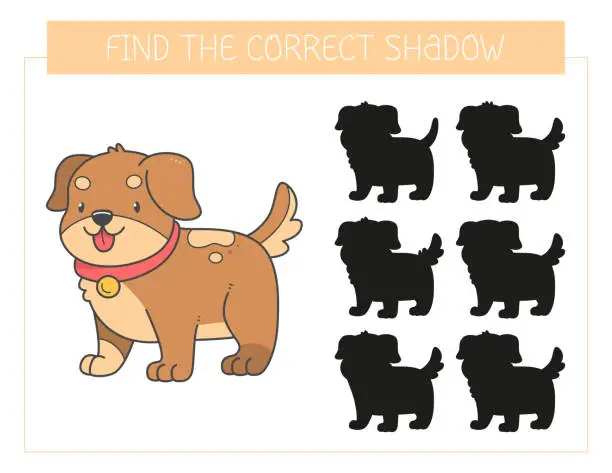 Vector illustration of Find the correct shadow game with a dog. Educational game for children. Cute cartoon puppy. Shadow matching game. Vector illustration.